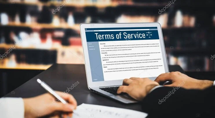 Laptop mit Website und daneben ein Dokument mit Paragrafenzeichen